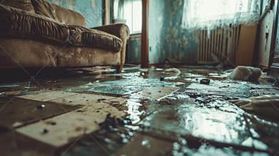 A floor submerged in water highlights extensive water damage to the interior that needs urgent repair and restoration.