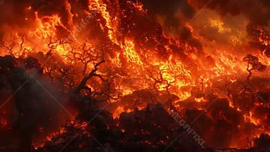 A raging inferno engulfs a mountain range as a stormy sky looms overhead, The crackle and roar of the inferno consuming everything