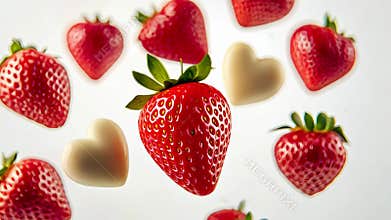 Floating Strawberries and White Chocolate Hearts in Airy Composition on white background