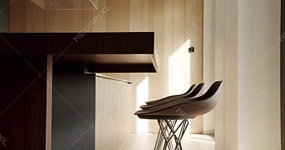 Modern kitchen and bar brown chairs in kitchen room in minimalist apartment.