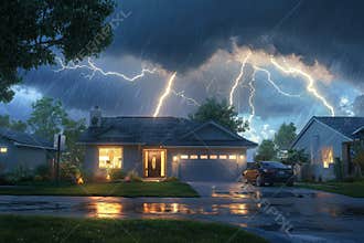 The skies over a suburban home are illuminated by a lightning storm