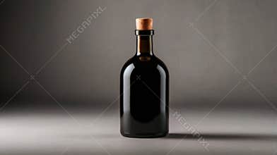 Elegant wine bottle standing on gray background with cork