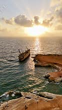 Wreck of the cargo ship edro III in cyprus at sunset