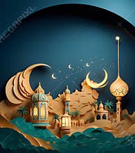 Ramadan Kareem and Eid Mubarak paper cut style with lantern on green color background.