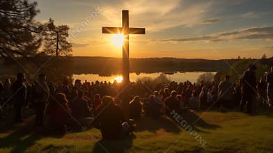 Organize a community sunrise service to celebrate the resurrection of Jesus Christ. Silhouette of christian prayers while praying