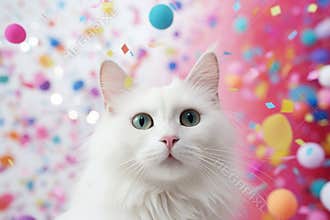 Cute shocked surprised birthday cat with confetti sitting on colorful balloons background.