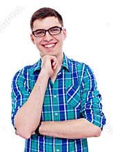 Smiling guy with hand on chin