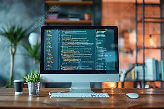 Close-up of computer monitor with programming code on desk background.