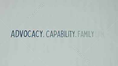 Advocacy. Capability. Family Law inscription on white paper sheet background. Graphic presentation with words appearing