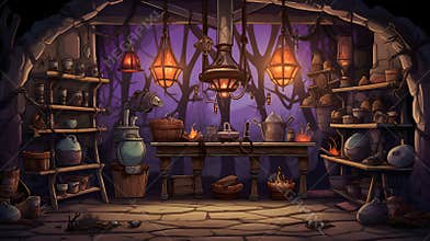 Witch or wizard alchemical laboratory with magic books and potions with mystic glow at night. Alchemist lab interior