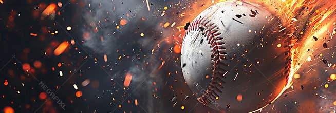 Banner with white baseball flying to victory in fire on the theme of baseball game on dark background with space for