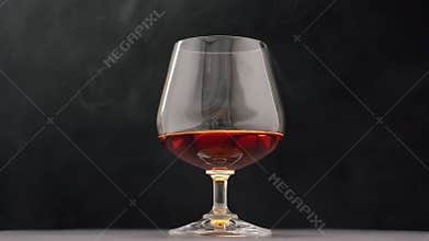 Luxury brandy. Glass with golden cognac on isolated black background with smoke.