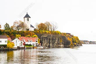 Brevik church and community, Sunny autumn day in Norway