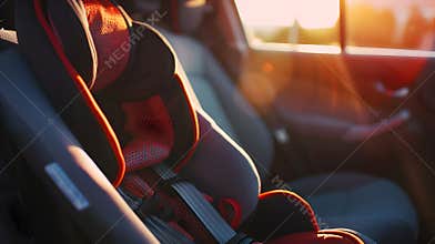 Generative AI Child car seat for safety in the rear passenger seat of a car business concept.