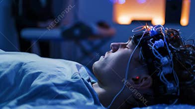 An EEG headset being worn by a participant in a sleep study with researchers monitoring brain activity in the background