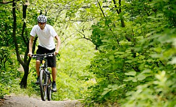 Cyclist Riding the Bike on the Trail in the Forest