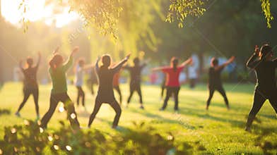 The outdoor Tai Chi class appears as a hazy gathering peacefully practicing in the park