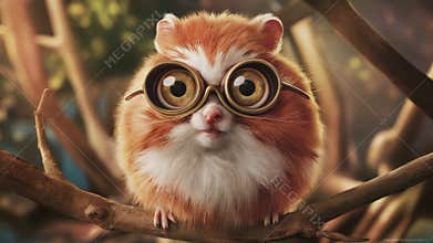 A hamster wearing glasses sitting on a branch with leaves, AI