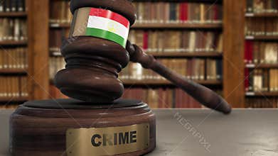 Tajikistan Flag on Judge Gavel or Hammer in Court with Word Crime. Crime in Country Concept