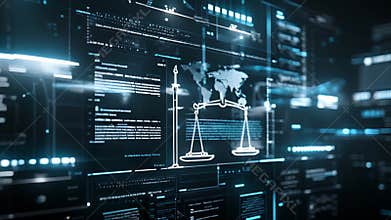 In the background screens display various legal documents and court cases demonstrating the AIs vast knowledge and