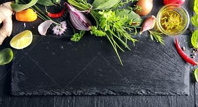 Border of fresh fruit , vegetables and herbs