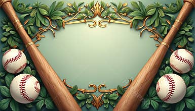 Two wooden baseball bats cross over white balls and green leaves. Ornate gold details accent a soft mint green background. This