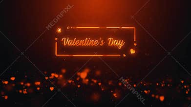 Valentine\'s Day orange glow cursive text confetti sparkle festive dark background warm