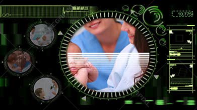 Medical interface showing various clips of doctors with patients