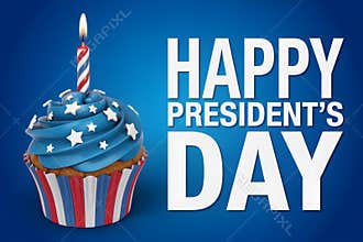 Happy presidents day and national holidays celebrated with delicious cupcake, adorned with blue icing, stars, and festive candle