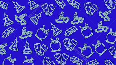 Travelthemed doodles temples, buses, swimming fins.