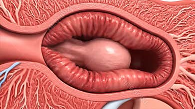 Animated Intestinal Polyp Growth Visualization within Colon Structure in Red and Pink Realistic Medical Animation of