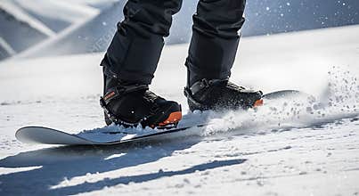 Close up view of snowboarder carving aggressively through fresh powder snow on mountain slope