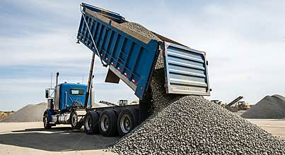 Blue heavy-duty dump truck is actively unloading a massive pile of grey gravel aggregate material.