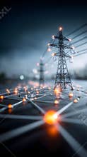 High voltage transmission tower over digital power grid network with glowing connection nodes, futuristic energy infrastructure
