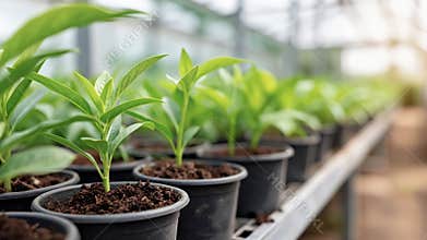 rows of young green plants growing in small pots inside a greenhouse