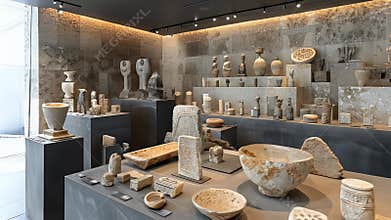 Ancient Stone Artifacts Museum Display: Collection of Historical Relics