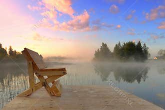 Wooden bridge with benches near home for relaxation