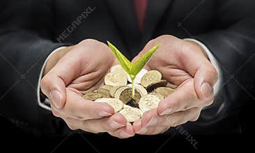 Handful with coins and single seed