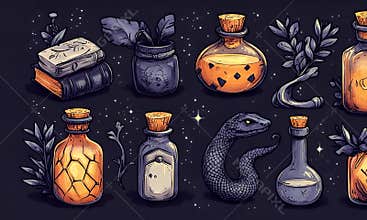Collection of stylized magical bottles, jars, and books. Dark, intricate illustrations depict various potions, herbs, and
