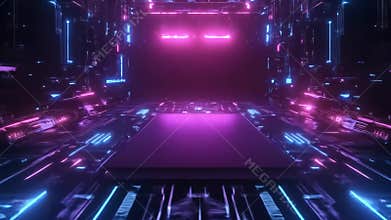 Futuristic digital stage with neon lights and glowing patterns in a dark space