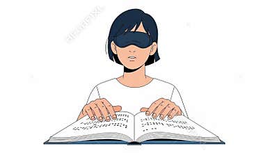 Young Person with Visual Impairment Reading Braille Book with Fingers in Clean Animation