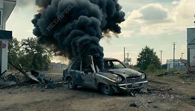 Destroyed car emits thick black smoke in a wartorn urban landscape with rubble and debris under a cloudy sky after an explosion