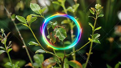 Vibrant rainbow circle highlights a small plant with green leaves in a natural garden setting