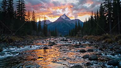 Mountain peak view at sunset with river flowing through forest landscape scenery nature