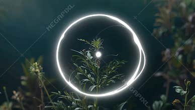 Glowing orb illuminates a plant in a surreal nature scene with abstract light painting effect