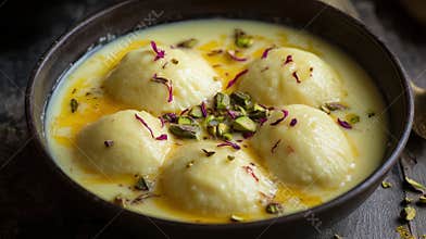 Rasmalai Dessert Served in Creamy Sauce With Pistachios