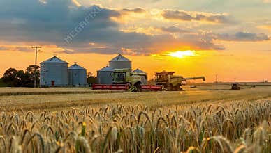 Golden wheat field at sunset with combines and silos under a beautiful sky landscape