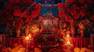 Day of the Dead altar adorned with marigolds, candles and portraits, celebrating loved ones
