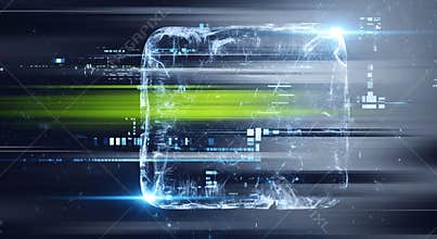 Futuristic digital data cube moving at high speed through cyberspace