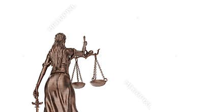 360 Degrees Rotating Seamless Looping Low Angle Lady Justice Statue Isolated on a White Background